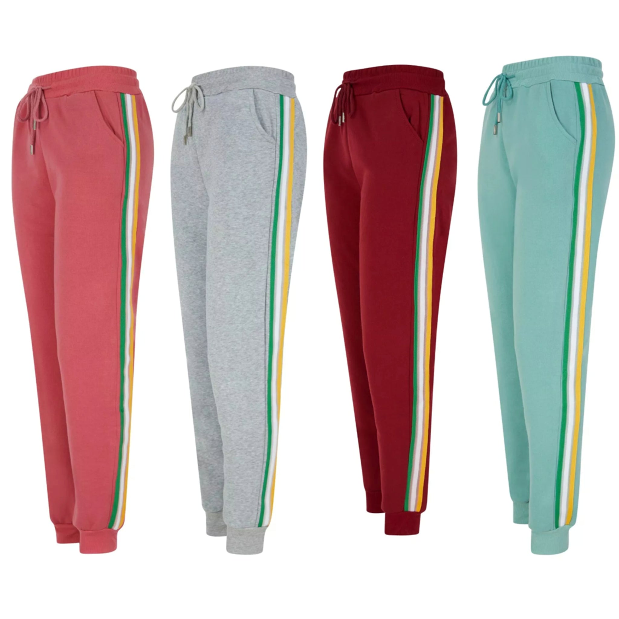 Women's joggers trousers with striped side detail in pink, grey, burgundy, and mint green, featuring elastic waist and drawstring tie.